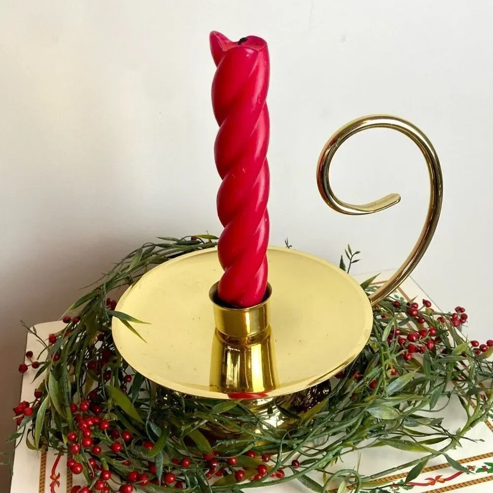 VTG Baldwin Solid Brass Chamber Candleholder + Vintage Twisted Red Candles